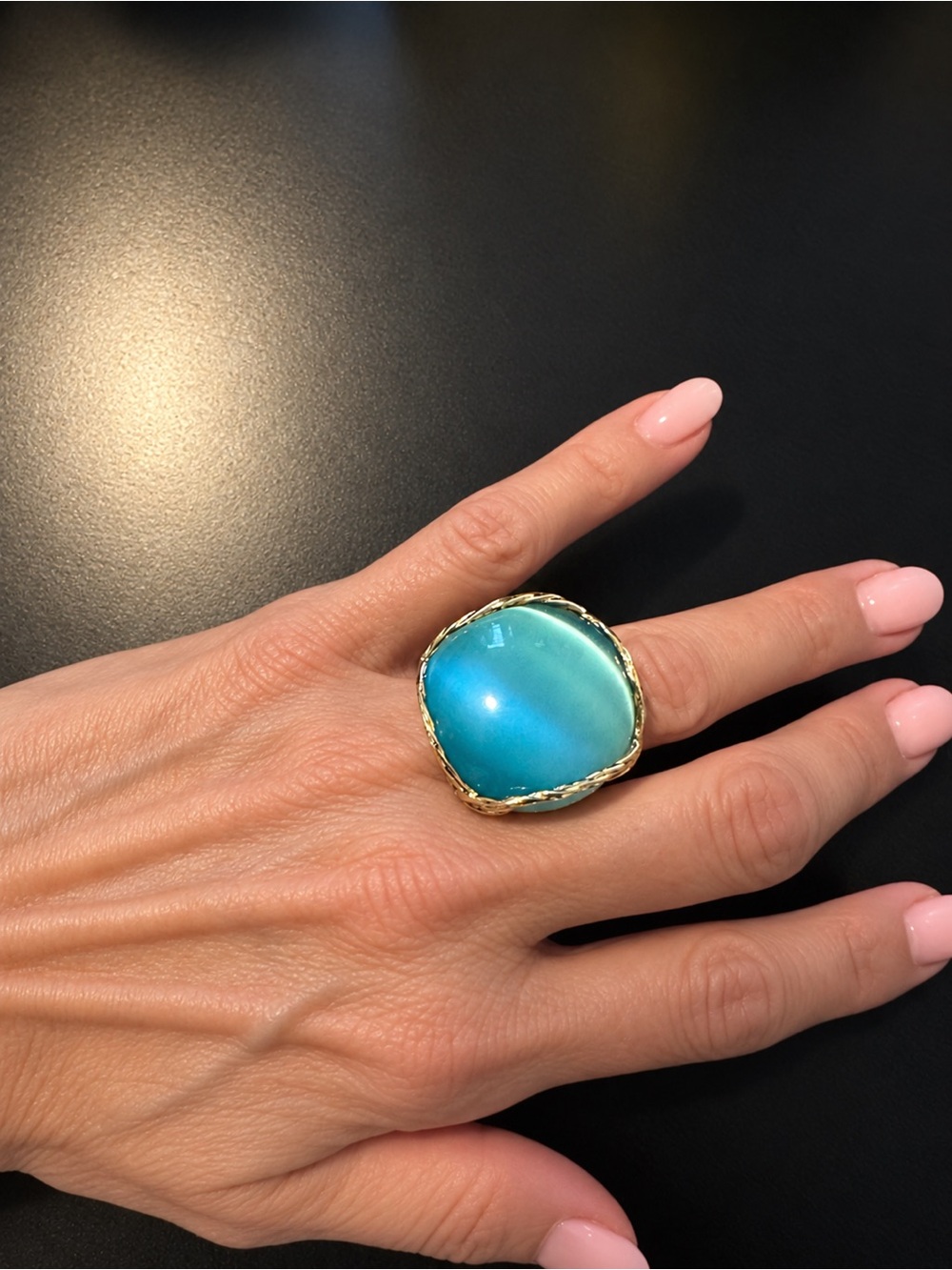 Vintage Gold Tone Blue Green Cabochon Statement Ring Southwestern Style
